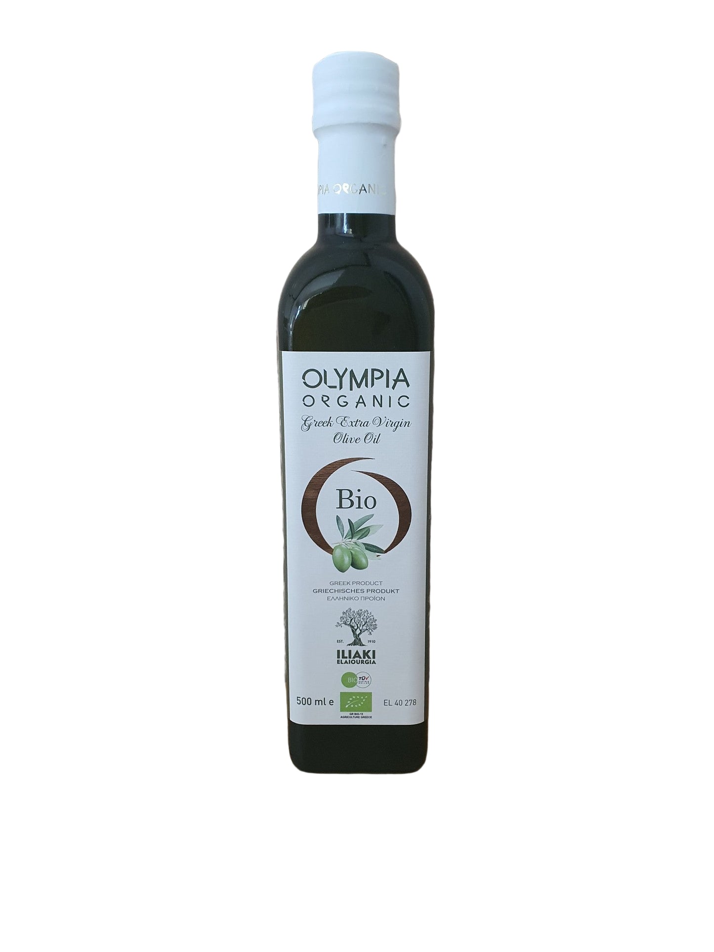 Olympia organic extra virgin olive oil 500ml close-up premium Greek olive oil bottle detail