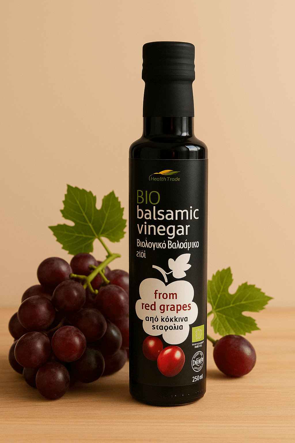 Organic balsam vinegar from red grapes 250ml side view Greek balsamic vinegar bottle