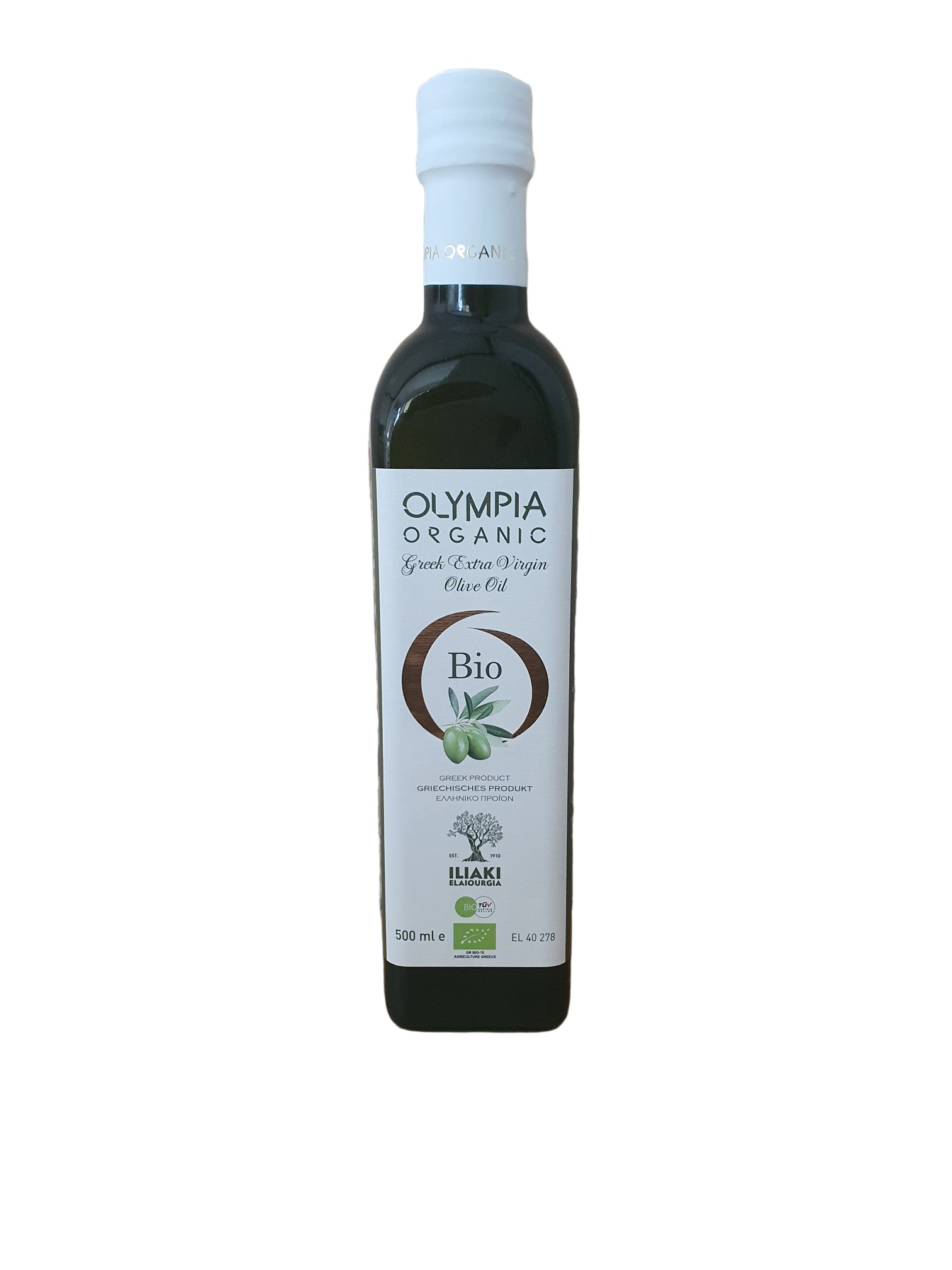 Olympia organic extra virgin olive oil 500ml close-up premium Greek olive oil bottle detail