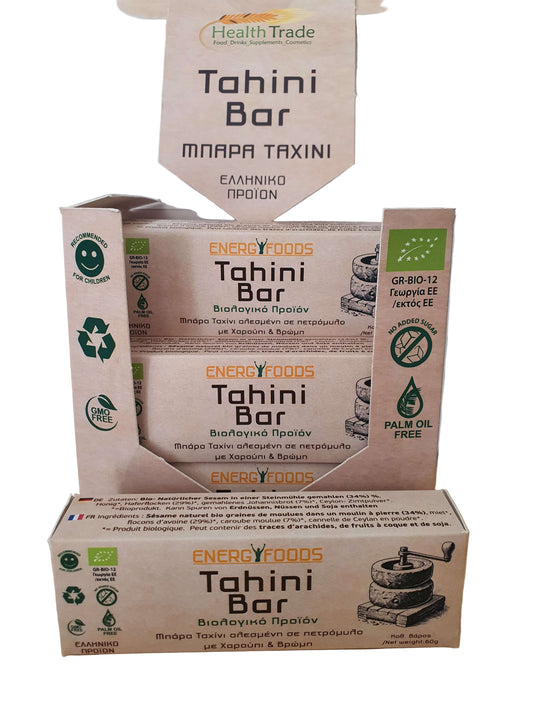 Organic tahini bar with carob and oat 60g Greek sesame snack premium product